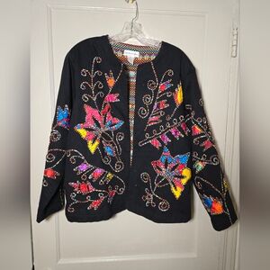 Embroidered Black Jacket with Multicolor Floral Design